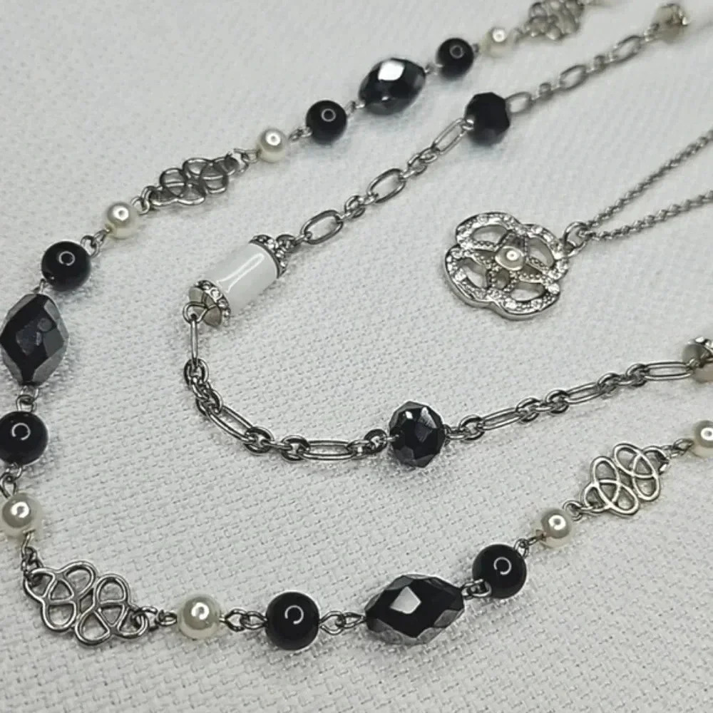 Lia Sophia Versatile Black‎ Pearl and Silver Three Layer Necklace